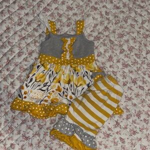 Yellow and Gray Floral Baby Dress with Striped Pants
